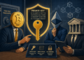 Illustratie van drie professionele, symbolische crypto-entiteiten die een private key analyseren in een zakelijke setting, met visuele elementen zoals een Bitcoin-icoon, Ethereum-figuur, beveiligingsschild en blockchainstructuren die crypto beveiliging en zelfbeheer vertegenwoordigen.
