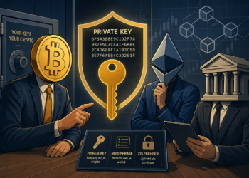 Illustratie van drie professionele, symbolische crypto-entiteiten die een private key analyseren in een zakelijke setting, met visuele elementen zoals een Bitcoin-icoon, Ethereum-figuur, beveiligingsschild en blockchainstructuren die crypto beveiliging en zelfbeheer vertegenwoordigen.
