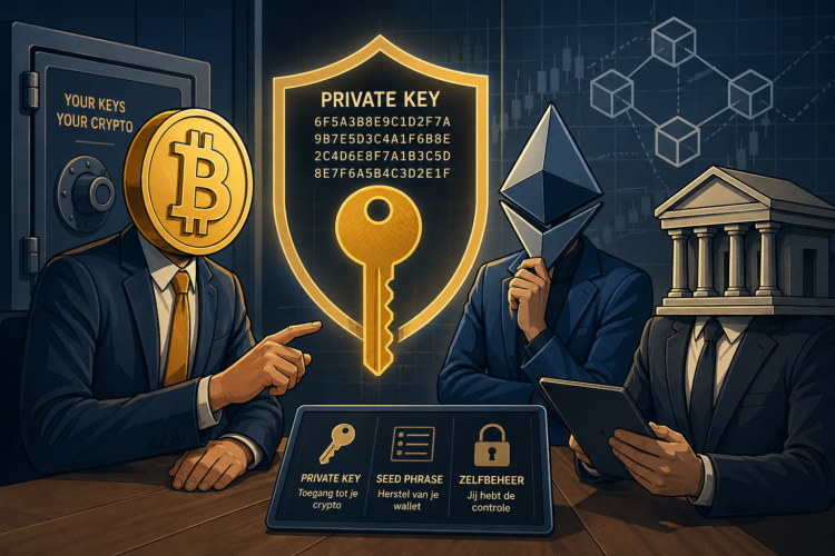 Illustratie van drie professionele, symbolische crypto-entiteiten die een private key analyseren in een zakelijke setting, met visuele elementen zoals een Bitcoin-icoon, Ethereum-figuur, beveiligingsschild en blockchainstructuren die crypto beveiliging en zelfbeheer vertegenwoordigen.