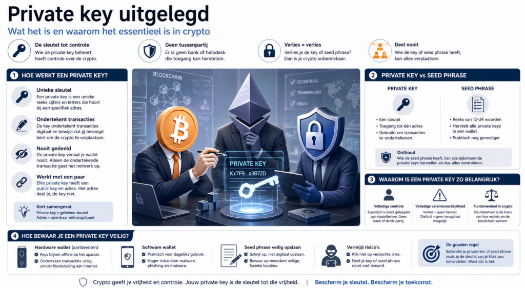 Infographic over wat een private key is, hoe deze transacties ondertekent op de blockchain, het verschil met een seed phrase en waarom veilige opslag essentieel is voor controle over crypto.