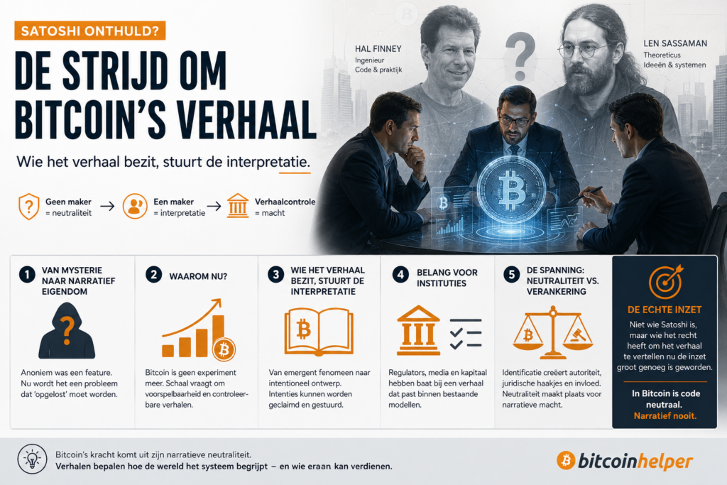 Infographic over Bitcoin waarin anonimiteit verschuift naar narratieve controle, met Hal Finney en Len Sassaman als mogelijke Satoshi en de impact van verhaalbezit op interpretatie, instituties en macht.