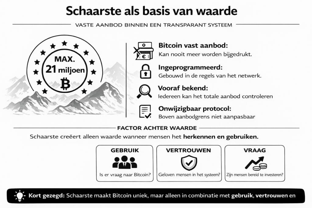 Zwart-witte landscape infographic van Bitcoinhelper die uitlegt hoe schaarste de basis vormt voor de waarde van Bitcoin, met een visuele weergave van het maximale aanbod van 21 miljoen, uitleg over vast en onveranderlijk aanbod, en aanvullende factoren zoals gebruik, vertrouwen en vraag die samen waarde bepalen.