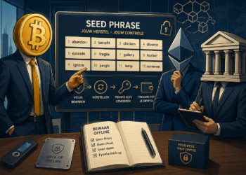Illustratie van drie professionele crypto-entiteiten die een seed phrase analyseren in een zakelijke omgeving, met een overzicht van herstelwoorden, beveiligingsiconen en blockchain-elementen die laten zien hoe een wallet wordt hersteld en beschermd.