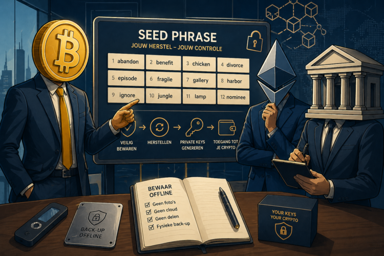 Illustratie van drie professionele crypto-entiteiten die een seed phrase analyseren in een zakelijke omgeving, met een overzicht van herstelwoorden, beveiligingsiconen en blockchain-elementen die laten zien hoe een wallet wordt hersteld en beschermd.