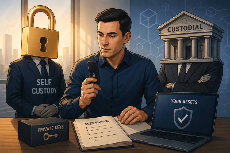 Illustratie van self custody in crypto waarbij een gebruiker zijn private keys en seed phrase beheert, tegenover een custodial instelling die controle heeft over digitale activa