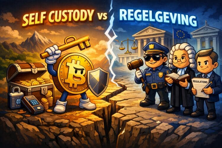Cartoonillustratie van verschil tussen self custody en gereguleerde crypto platforms met focus op controle en privacy