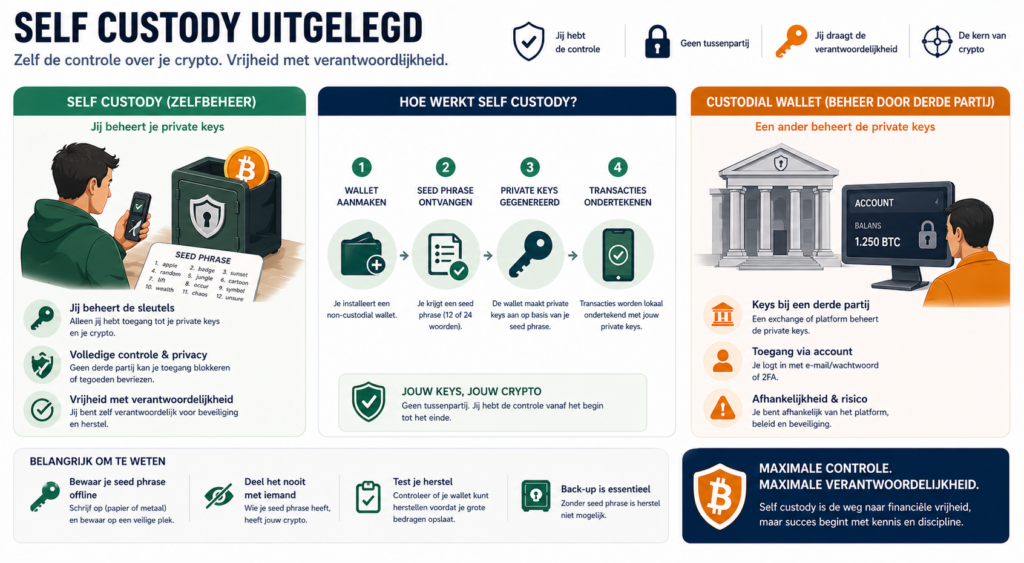 Infographic die eenvoudig het verschil toont tussen self custody en custodial wallets, met focus op eigen beheer van private keys, het proces van walletgebruik en de balans tussen controle en verantwoordelijkheid.
