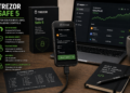 Trezor Safe 5 hardware wallet met touchscreen die een crypto transactie toont, naast laptop met Trezor Suite en recovery seed, in een professionele beveiligingscontext