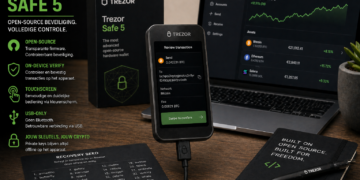 Trezor Safe 5 hardware wallet met touchscreen die een crypto transactie toont, naast laptop met Trezor Suite en recovery seed, in een professionele beveiligingscontext