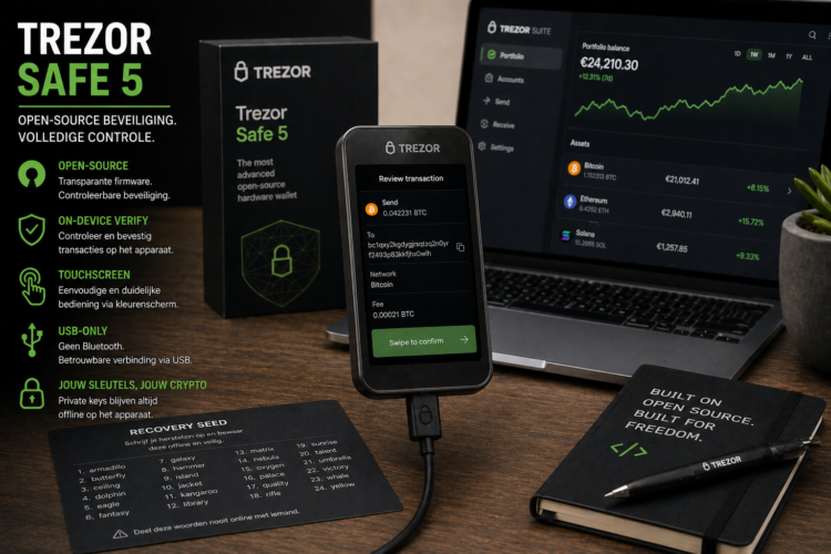 Trezor Safe 5 hardware wallet met touchscreen die een crypto transactie toont, naast laptop met Trezor Suite en recovery seed, in een professionele beveiligingscontext