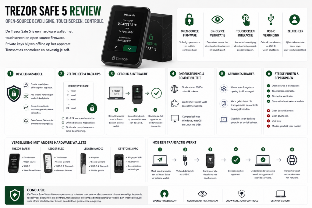 Minimalistische infographic van de Trezor Safe 5 hardware wallet met touchscreen, open-source beveiliging, on-device verificatie en USB-verbinding voor crypto transacties