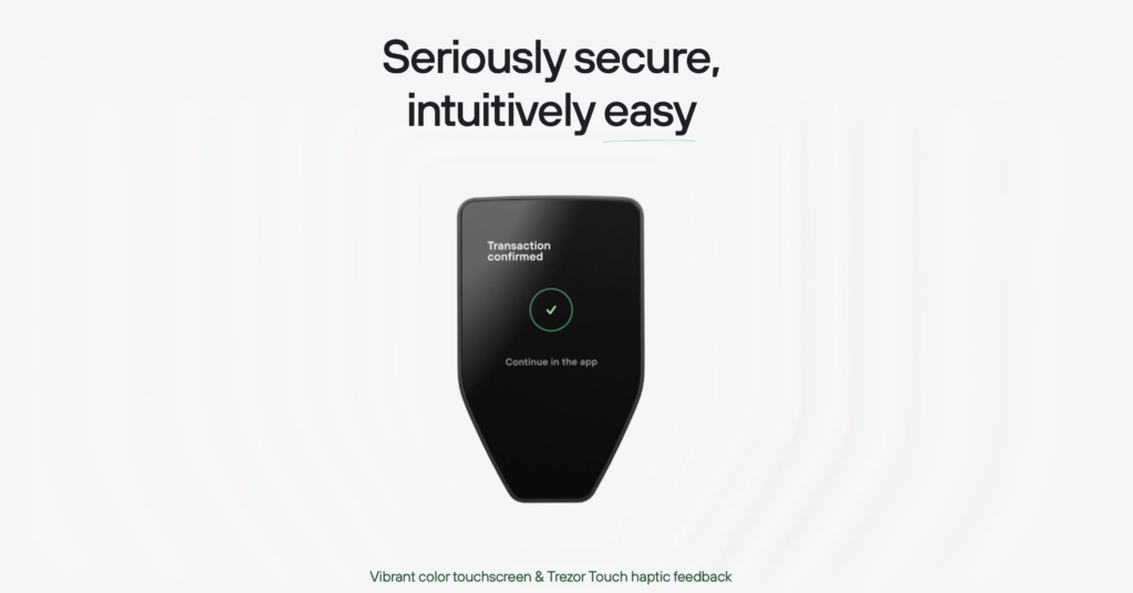 Trezor Touch hardware wallet met touchscreen waarop een bevestigde crypto transactie wordt weergegeven