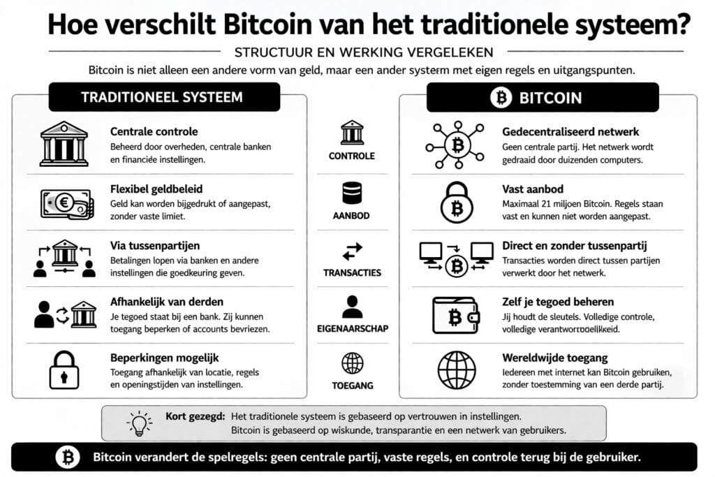 Zwart-witte landscape infographic van Bitcoinhelper die het verschil toont tussen Bitcoin en het traditionele financiële systeem, met links centrale controle, banken en flexibel geldbeleid, en rechts Bitcoin met een gedecentraliseerd netwerk, vaste regels, directe transacties zonder tussenpartij en zelfbeheer van tegoeden.