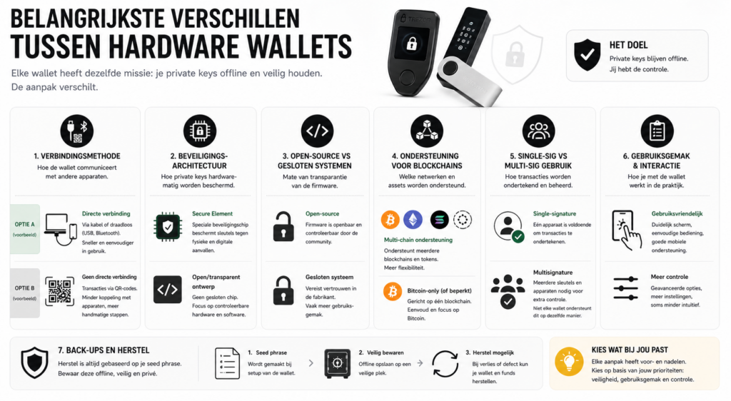 Infographic die de belangrijkste verschillen tussen hardware wallets toont, zoals verbindingsmethodes, beveiligingsarchitectuur, open-source versus gesloten systemen, ondersteuning voor blockchains en gebruiksgemak.