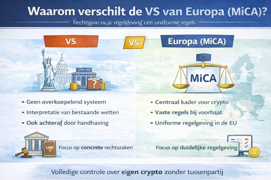 infographic van Bitcoinhelper die het verschil toont tussen crypto-regelgeving in de VS en Europa, met links Europa en MiCA als uniform regelgevend kader en rechts de VS met interpretatie via bestaande wetgeving en handhaving, waarbij duidelijk wordt hoe dit invloed heeft op platforms en beschikbaarheid van diensten.