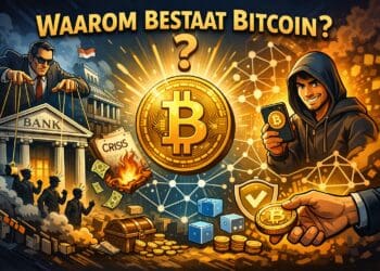 Cartoonillustratie van Bitcoin als alternatief voor banken en traditioneel geld met focus op decentralisatie en controle