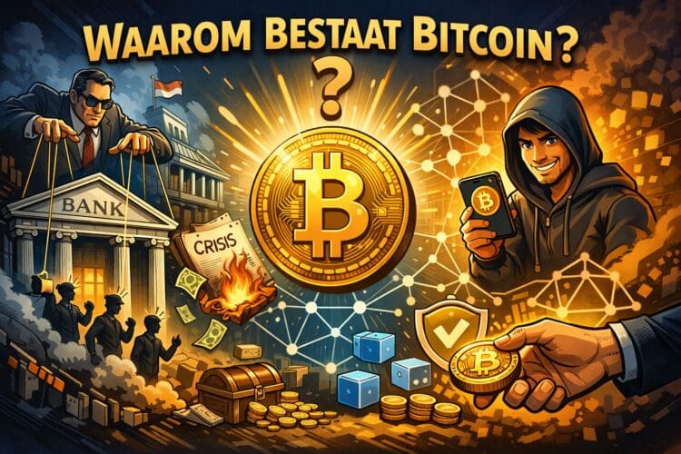 Cartoonillustratie van Bitcoin als alternatief voor banken en traditioneel geld met focus op decentralisatie en controle