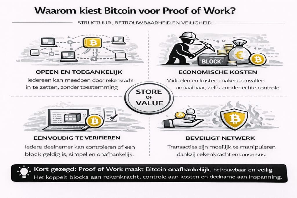 Landscape infographic van Bitcoinhelper die uitlegt waarom Bitcoin Proof of Work gebruikt, met visuele blokken voor open deelname, economische kosten, eenvoudige verificatie en netwerkbeveiliging, en hoe deze samen zorgen voor een betrouwbaar en gedecentraliseerd systeem zonder centrale controle.