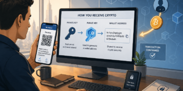 Illustratie van hoe een wallet adres en public key worden gebruikt om crypto te ontvangen, met een gebruiker die een adres deelt en een transactie die wordt bevestigd op de blockchain