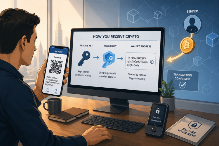 Illustratie van hoe een wallet adres en public key worden gebruikt om crypto te ontvangen, met een gebruiker die een adres deelt en een transactie die wordt bevestigd op de blockchain