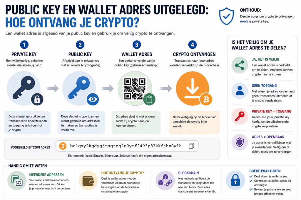 Minimalistische infographic die laat zien hoe een private key leidt tot een public key en wallet adres, en hoe je dit adres gebruikt om veilig crypto te ontvangen zonder toegang te delen.