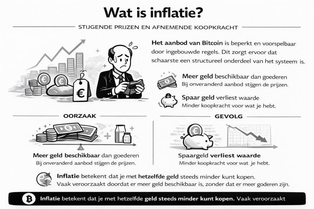 Zwart-witte landscape infographic van Bitcoinhelper die uitlegt wat inflatie is, met visuele elementen voor stijgende prijzen, meer geld in omloop en afnemende koopkracht, en een duidelijke scheiding tussen oorzaken (meer geld dan goederen) en gevolgen (spaargeld verliest waarde).