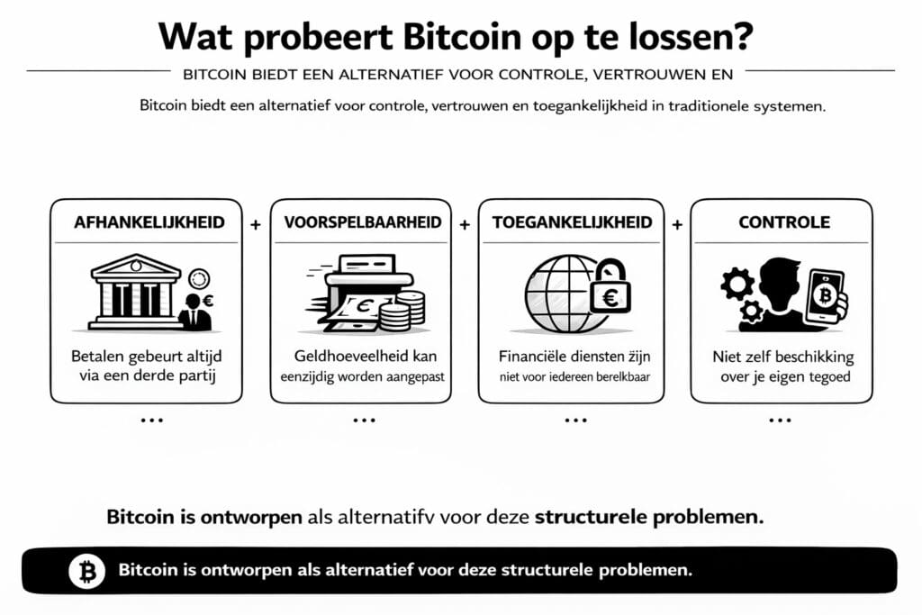 Zwart-witte landscape infographic van Bitcoinhelper die de kernproblemen van traditionele geldsystemen toont en hoe Bitcoin hier een alternatief voor biedt, met visuele elementen voor afhankelijkheid van tussenpersonen, aanpasbare geldhoeveelheid, beperkte toegang en centrale controle, tegenover Bitcoin met directe transacties, vaste supply, wereldwijde toegankelijkheid en zelfbeheer.