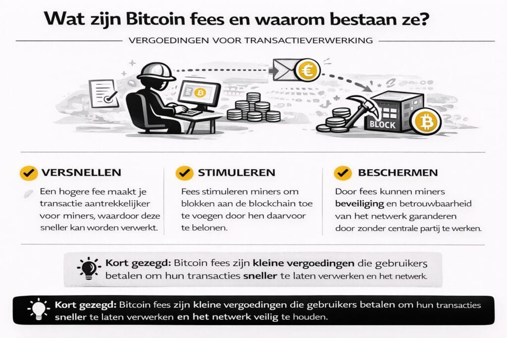 Landscape infographic van Bitcoinhelper die uitlegt wat Bitcoin fees zijn, met visuele weergave van miners en transacties, en drie functies: versnellen van transacties, stimuleren van miners en beschermen van het netwerk door beveiliging en betrouwbaarheid zonder centrale partij.