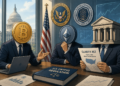 Professionele illustratie van Bitcoin- en Ethereum-figuren die met een institutionele vertegenwoordiger aan tafel zitten en de Clarity Act bespreken binnen een formele Amerikaanse financiële omgeving met toezichthouders en grafieken op de achtergrond.