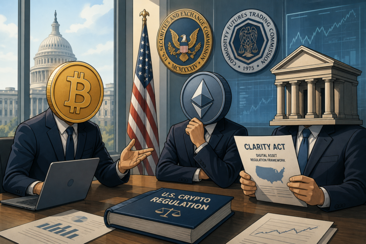 Professionele illustratie van Bitcoin- en Ethereum-figuren die met een institutionele vertegenwoordiger aan tafel zitten en de Clarity Act bespreken binnen een formele Amerikaanse financiële omgeving met toezichthouders en grafieken op de achtergrond.
