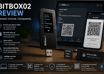 Illustratie van de BitBox02 hardware wallet met USB-aansluiting en microSD-back-up, waarbij transacties op het apparaat worden bevestigd en private keys offline blijven opgeslagen