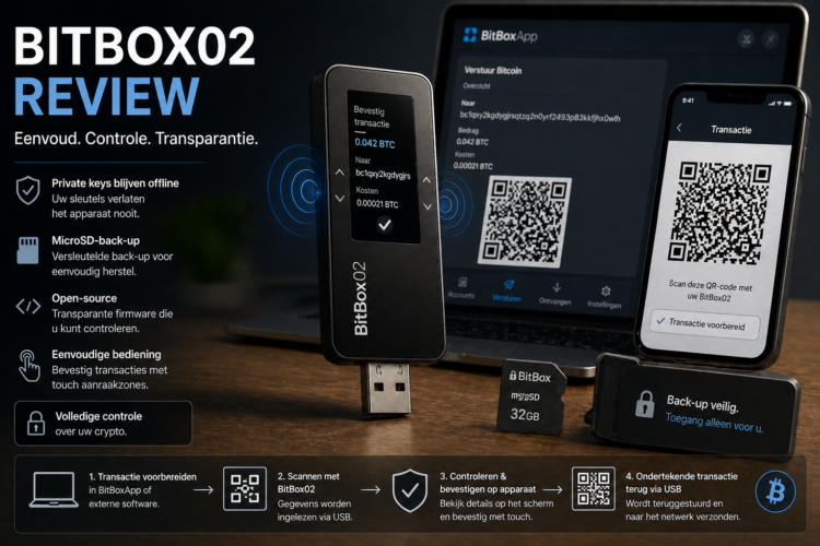 Illustratie van de BitBox02 hardware wallet met USB-aansluiting en microSD-back-up, waarbij transacties op het apparaat worden bevestigd en private keys offline blijven opgeslagen