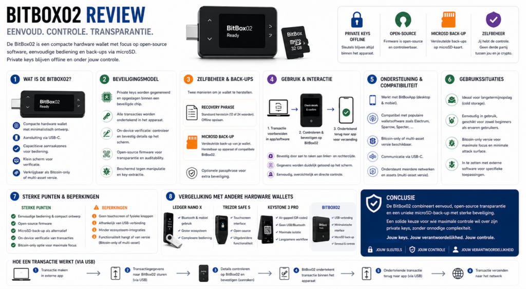 Infographic die laat zien hoe de BitBox02 werkt met offline opslag van private keys, on-device verificatie, microSD back-ups en een minimalistische interface voor veilige crypto opslag.