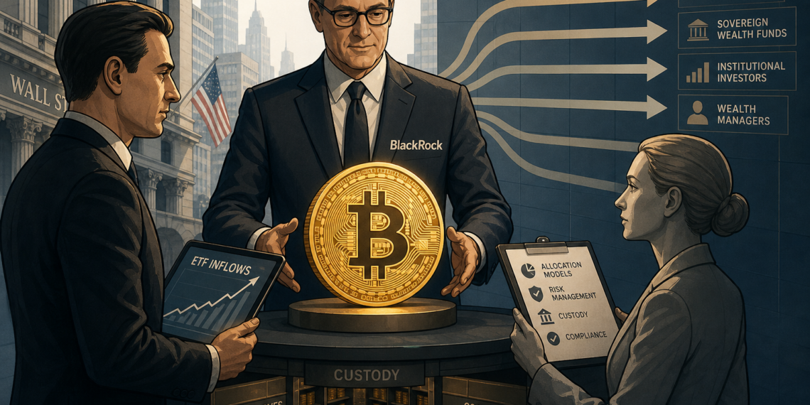 Editorial illustratie van Bitcoin in custody tussen institutionele beleggers, ETF-instroom en traditionele kapitaalstromen.