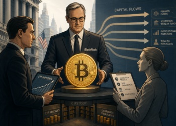 Editorial illustratie van Bitcoin in custody tussen institutionele beleggers, ETF-instroom en traditionele kapitaalstromen.
