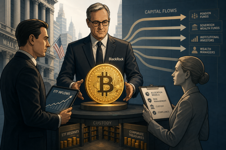 Editorial illustratie van Bitcoin in custody tussen institutionele beleggers, ETF-instroom en traditionele kapitaalstromen.