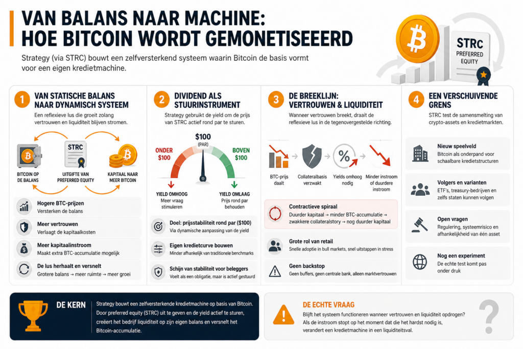 Infographic die laat zien hoe Strategy via STRC een Bitcoin-balans omzet in een zelfversterkende kredietmachine, met een reflexieve groeilus, dividend als stuurinstrument en risico’s rond vertrouwen en liquiditeit.