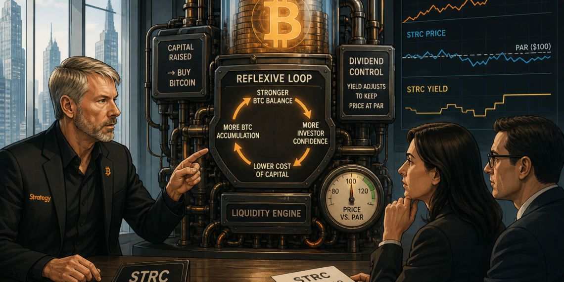 Editorial illustratie van Strategy die via STRC-kapitaal en dividendsturing een reflexieve Bitcoin-kredietmachine opbouwt.