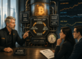 Editorial illustratie van Strategy die via STRC-kapitaal en dividendsturing een reflexieve Bitcoin-kredietmachine opbouwt.