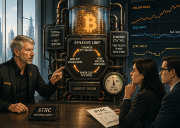 Editorial illustratie van Strategy die via STRC-kapitaal en dividendsturing een reflexieve Bitcoin-kredietmachine opbouwt.