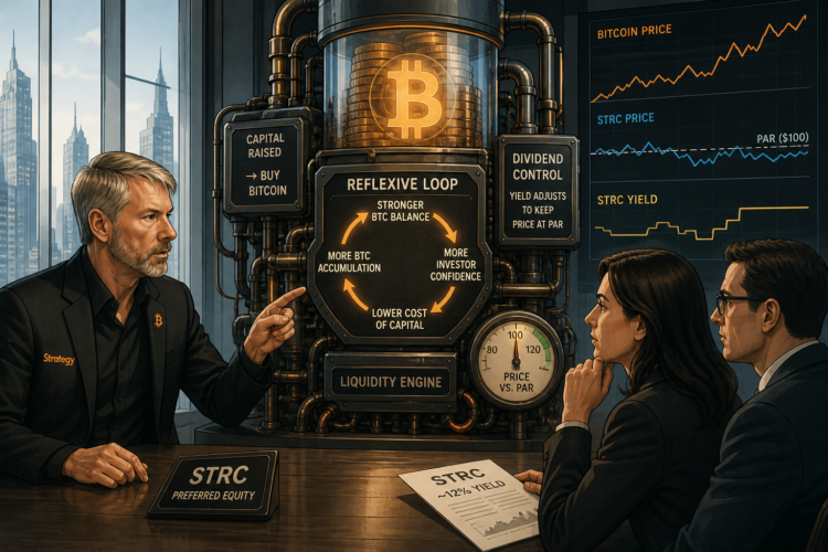 Editorial illustratie van Strategy die via STRC-kapitaal en dividendsturing een reflexieve Bitcoin-kredietmachine opbouwt.
