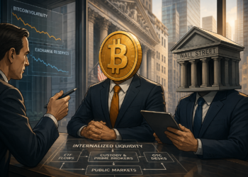 Bitcoin en Wall Street bespreken geïnternaliseerde liquiditeit terwijl ETF-stromen, custodians en OTC-desks publieke marktvolatiliteit dempen.