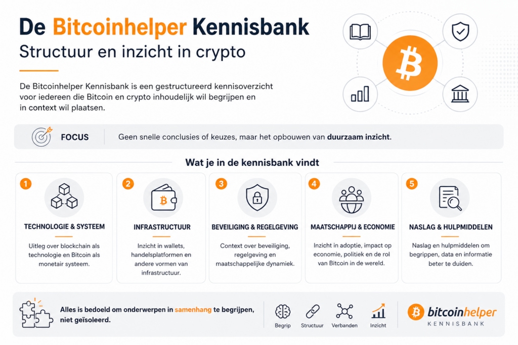 Infographic van de Bitcoinhelper Kennisbank met vijf pijlers: technologie, infrastructuur, beveiliging, maatschappij en naslag, gericht op samenhang en begrip van crypto