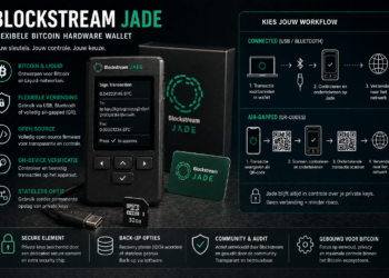 Illustratie van de Blockstream Jade hardware wallet met scherm en knoppen, waarbij zowel USB/Bluetooth als QR-code workflows worden gebruikt voor het ondertekenen van Bitcoin transacties en het beheren van private keys