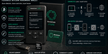 Illustratie van de Blockstream Jade hardware wallet met scherm en knoppen, waarbij zowel USB/Bluetooth als QR-code workflows worden gebruikt voor het ondertekenen van Bitcoin transacties en het beheren van private keys