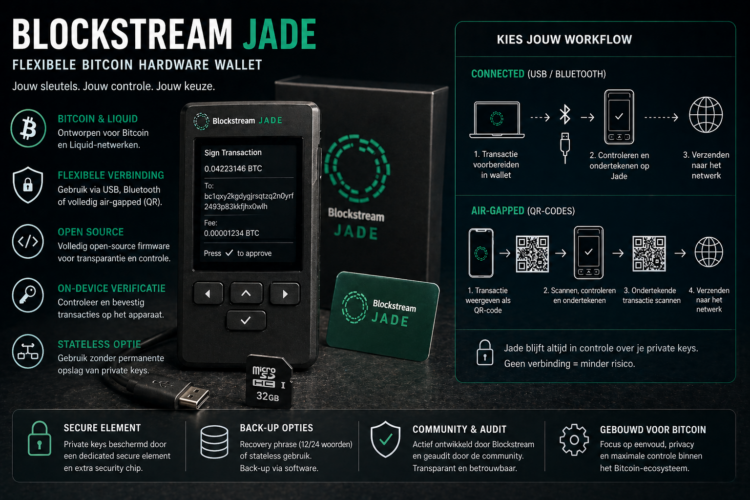 Illustratie van de Blockstream Jade hardware wallet met scherm en knoppen, waarbij zowel USB/Bluetooth als QR-code workflows worden gebruikt voor het ondertekenen van Bitcoin transacties en het beheren van private keys