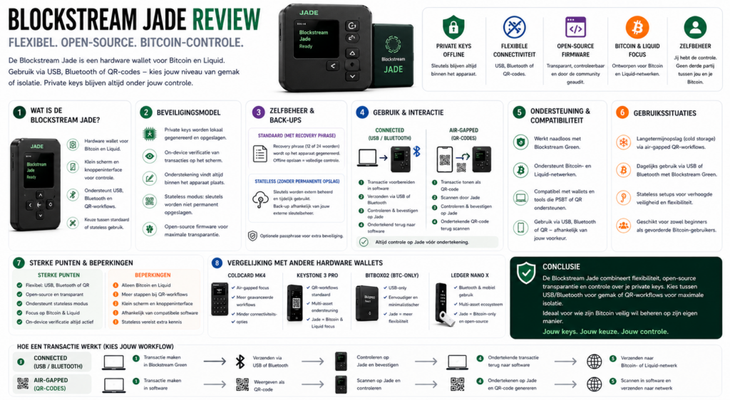 Infographic die laat zien hoe de Blockstream Jade werkt met zowel USB, Bluetooth als QR-gebaseerde workflows, inclusief open-source firmware, stateless gebruik en offline opslag van private keys.