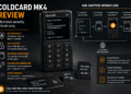 Illustratie van de Coldcard Mk4 hardware wallet met toetsenbord en scherm, waarbij Bitcoin transacties offline worden ondertekend via microSD en air-gapped workflows