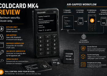 Illustratie van de Coldcard Mk4 hardware wallet met toetsenbord en scherm, waarbij Bitcoin transacties offline worden ondertekend via microSD en air-gapped workflows
