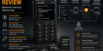 Illustratie van de Coldcard Mk4 hardware wallet met toetsenbord en scherm, waarbij Bitcoin transacties offline worden ondertekend via microSD en air-gapped workflows